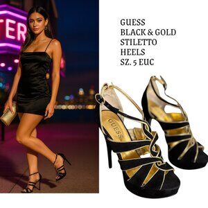 GUESS BLACK/GOLD STILETTO PARTY STRAPPY HEELS SIZE‎ 5 EUC